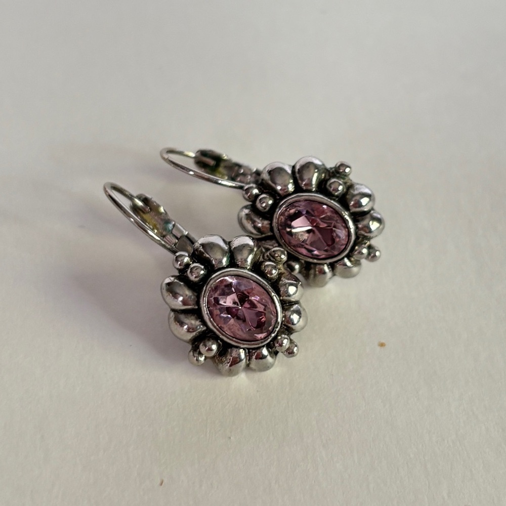 Sterling Silver Pink Stone Floral Drop Earrings